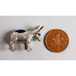 A CAST SILVER NOVELTY DONKEY PIN CUSHION.