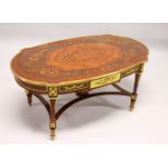 A MARQUETRY INLAID MAHOGANY AND ORMOLU MOUNTED COFFEE TABLE IN THE LOUIS XVI STYLE
