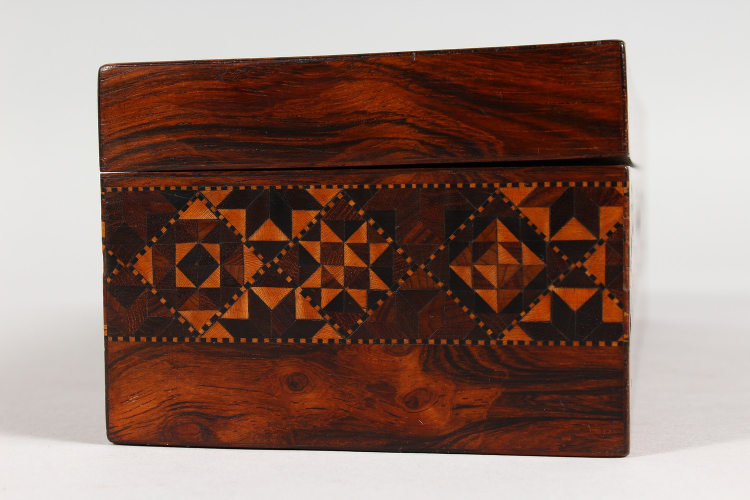 A GOOD TUNBRIDGE WARE LONG BOX, the hinged top inlaid with a bird and parquetry, parquetry to the - Image 7 of 12