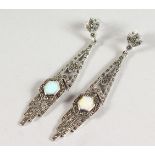 A PAIR OF SILVER, OPAL AND MARCASITE DECO DESIGN DROP EARRINGS.
