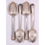 A SET OF FOUR VICTORIAN FRUIT SPOONS, the bowls with repousse decoration of birds and flowers.
