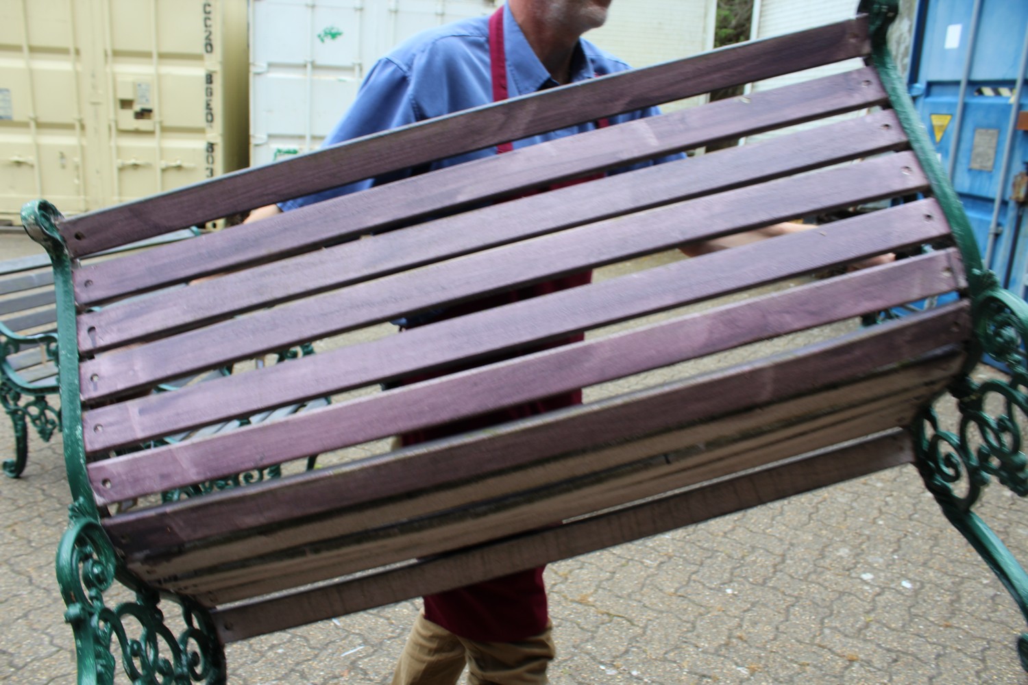 A PAIR OF VICTORIAN STYLE GARDEN BENCHES, each with ornate cast metal ends and wooden slats; - Image 5 of 5