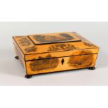 A REGENCY PENWORK BOX AND COVER, with scenes of figures, buildings and motifs, on four bun feet.
