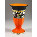 A RIALTO WARE ART DECO TRUMPET SHAPED PORCELAIN VASE, decorated with a band of peacocks. 10ins