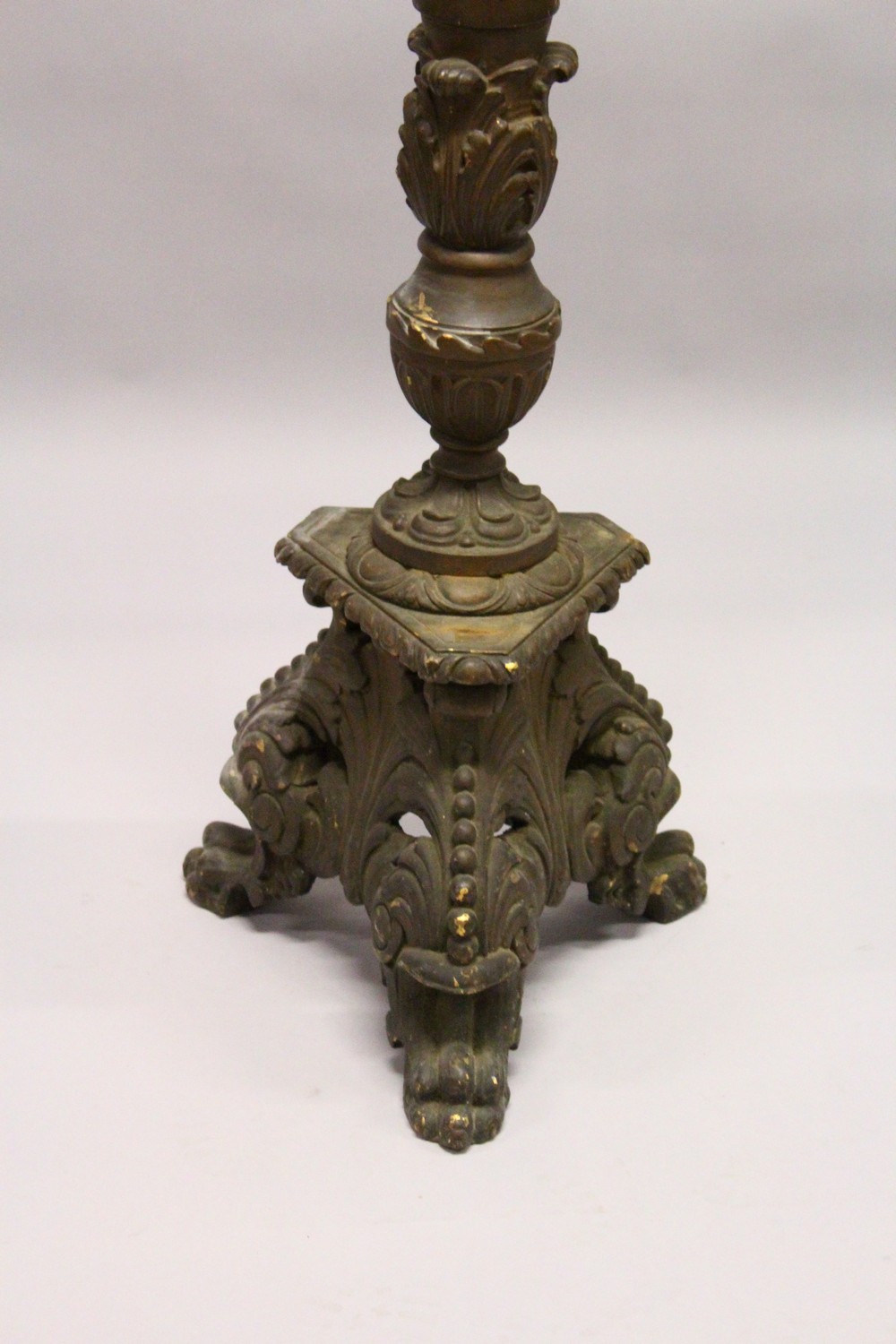 A LARGE, CONTINENTAL CARVED AND PAINTED CHURCH STYLE CANDLE OR LAMP BASE. 5ft 2ins high. - Image 2 of 3