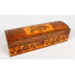 A TUNBRIDGE WARE DOME TOPPED LONG BOX, with hinged top inlaid with roses, roses to the sides. 8.5ins