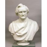 A LARGE PAINTED PLASTER BUST OF A GENTLEMAN. 2ft 7ins high.