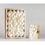 A MOTHER-OF-PEARL BOOK AND SIMILAR DESK BLOTTER. Book: 4.25ins x 3ins. Blotter: 9ins x 6ins.