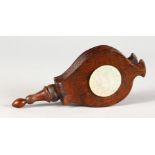A SUPERB SMALL PIECE OF TREEN, A PAIR OF WOODEN BELLOWS with mother-of-pearl circular panel. 5.25ins