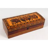 A GOOD TUNBRIDGE WARE MARQUETRY AND PARQUETRY SLIGHTLY DOMED TOP LONG BOX, the top inlaid with roses