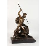 A GOOD CAST BRONZE GROUP, a gladiator impaling a snarling male lion, on a marble base. 25ins high.
