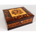 A VERY GOOD TUNBRIDGE WARE SEWING BOX AND COVER, the top inlaid with lilies surrounded by scrolls,