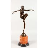 AFTER PHILIPP AN ART DECO SYLE BRONZE FIGURE OF A DANCER, on a circular marble base. 22ins high.