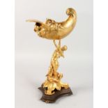 A CLASSICAL STYLE GILT BRONZE CENTREPIECE, modelled as a lady holding a shell aloft. 15.5ins high.