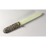 A GOOD RUSSIAN CLOISONNE ENAMEL AND JADE PAPER KNIFE. 9.5ins long.