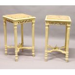 A PAIR OF CREAM PAINTED LAMP TABLES, with inset marble tops. 1ft 4ins x 1ft 4ins x 2ft 4ins high.