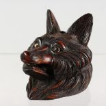 A BLACK FOREST CARVED WOOD FOXES HEAD INKWELL. 3ins high.