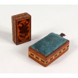 A SMALL TUNBRIDGE WARE MARQUETRY AND PARQUETRY BOX, 2.25ins long, and A PARQUETRY PIN BOX, with blue