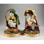 A MID-19TH CENTURY PAIR OF RUSSIAN PORCELAIN FIGURES, modelled as a shoe-mender and companion sock-