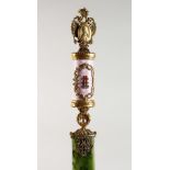 A GOOD RUSSIAN GREEN ONYX, GOLD AND ENAMEL PAPER KNIFE IN THE STYLE OF FABERGE, set with diamonds.