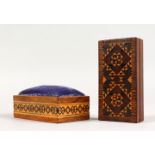 A TUNBRIDGE WARE PARQUETRY BOX and A PIN BOX, with blue velvet top. 4ins long and 3.5ins long (2).