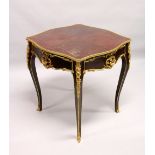 A LOUIS XVI STYLE INLAID MAHOGANY AND ORMOLU MOUNTED CENTRE TABLE, on cabriole legs. 2ft 5ins x