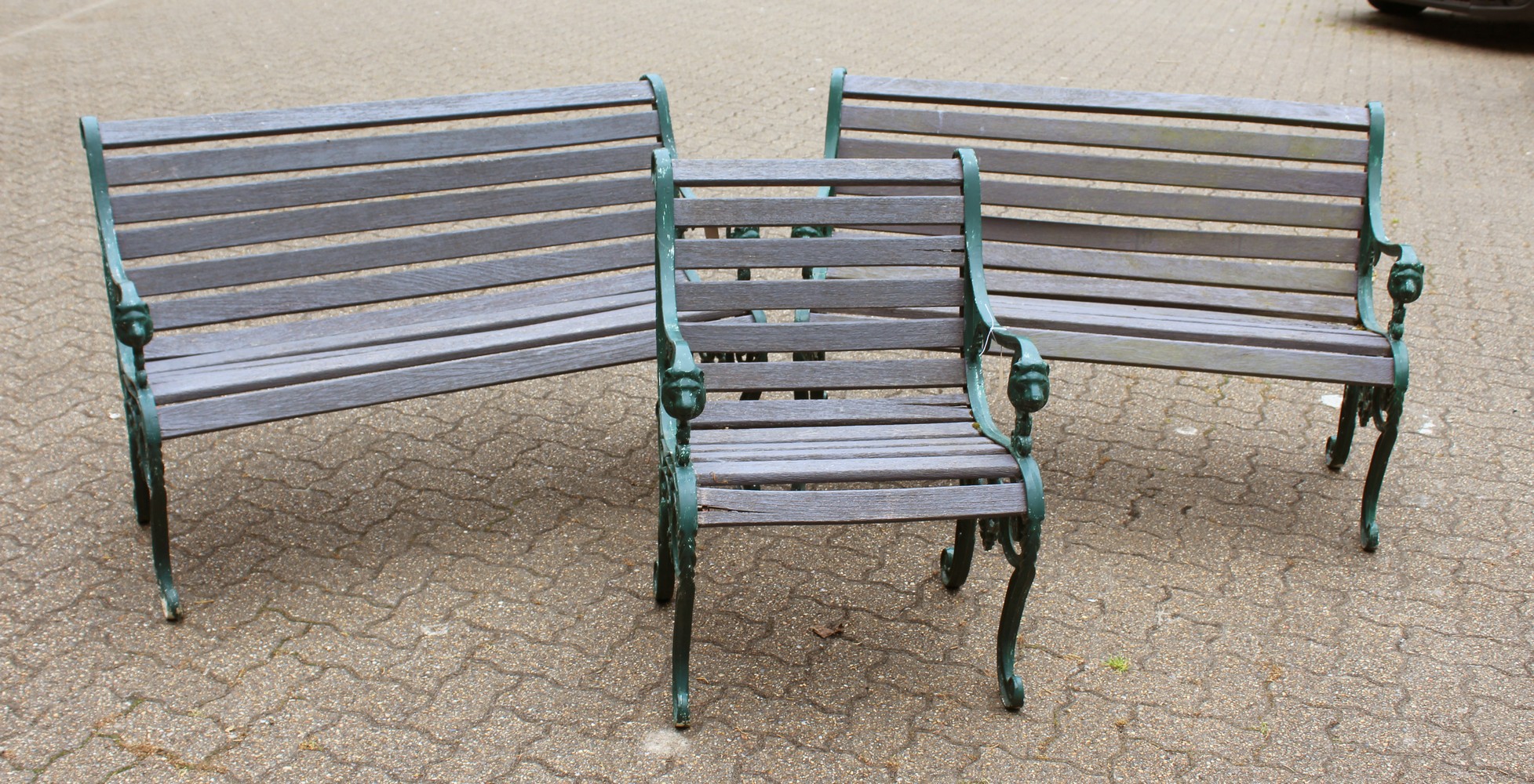 A PAIR OF VICTORIAN STYLE GARDEN BENCHES, each with ornate cast metal ends and wooden slats; - Image 2 of 5