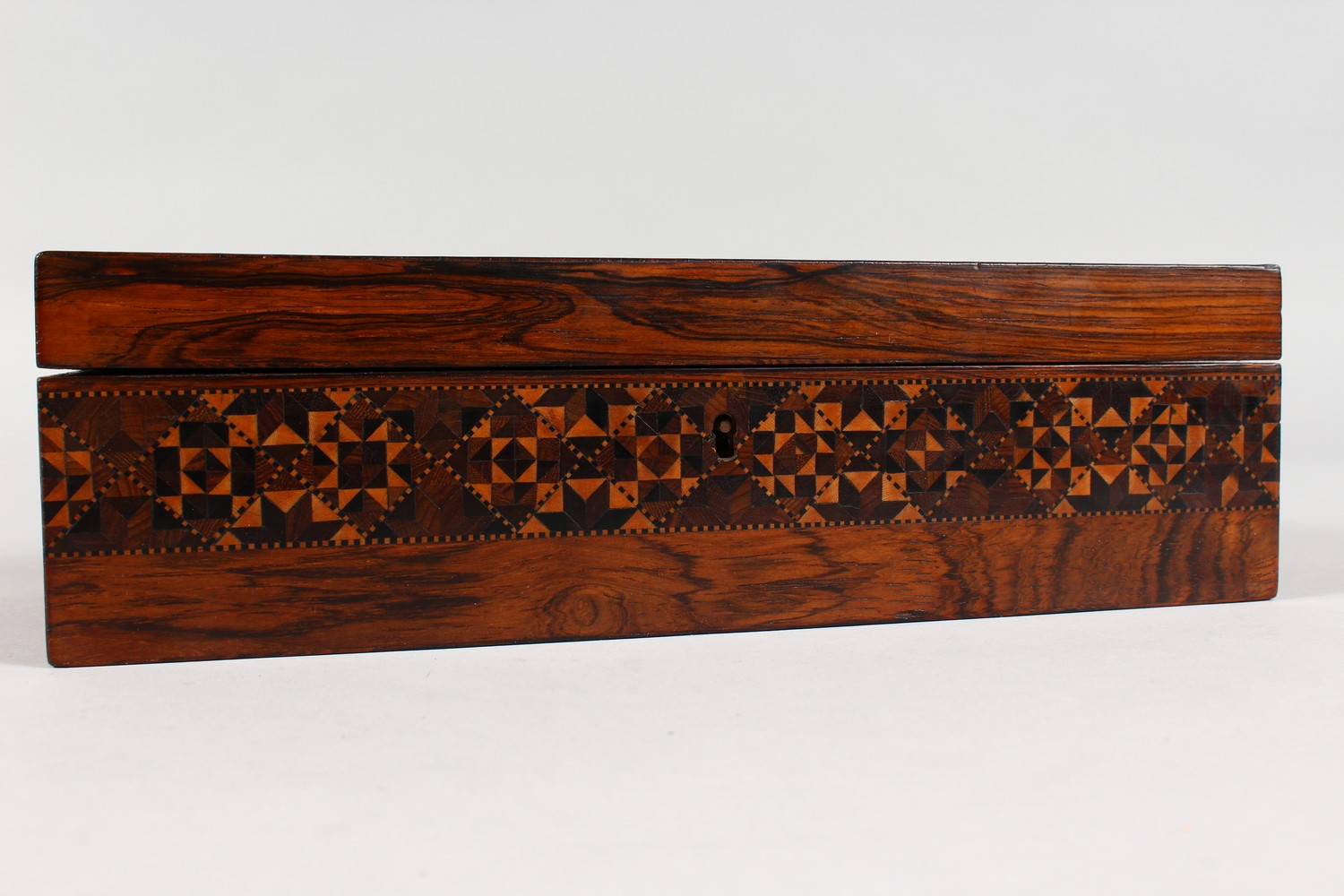 A GOOD TUNBRIDGE WARE LONG BOX, the hinged top inlaid with a bird and parquetry, parquetry to the - Image 5 of 12