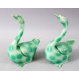 A GOOD PAIR OF CHINESE GREEN GROUND PORCELAIN GEESE / DUCK CENSERS & COVERS, both in original boxes,