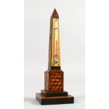 A TUNBRIDGE WARE MARQUETRY AND PARQUETRY THERMOMETER OBELISK, on a square base. 7.5ins high.