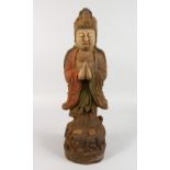 A CARVED WOOD AND PAINTED FIGURE OF A STANDING GUANYIN ON A LOTUS BASE. 23ins high.