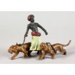 A PAINTED COLD CAST GROUP, AN ARAB WITH TWO TIGERS. 5ins long.