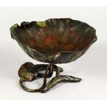 AN ART NOUVEAU BRONZE LOTUS BOWL, with a tiny frog. 6ins diameter.