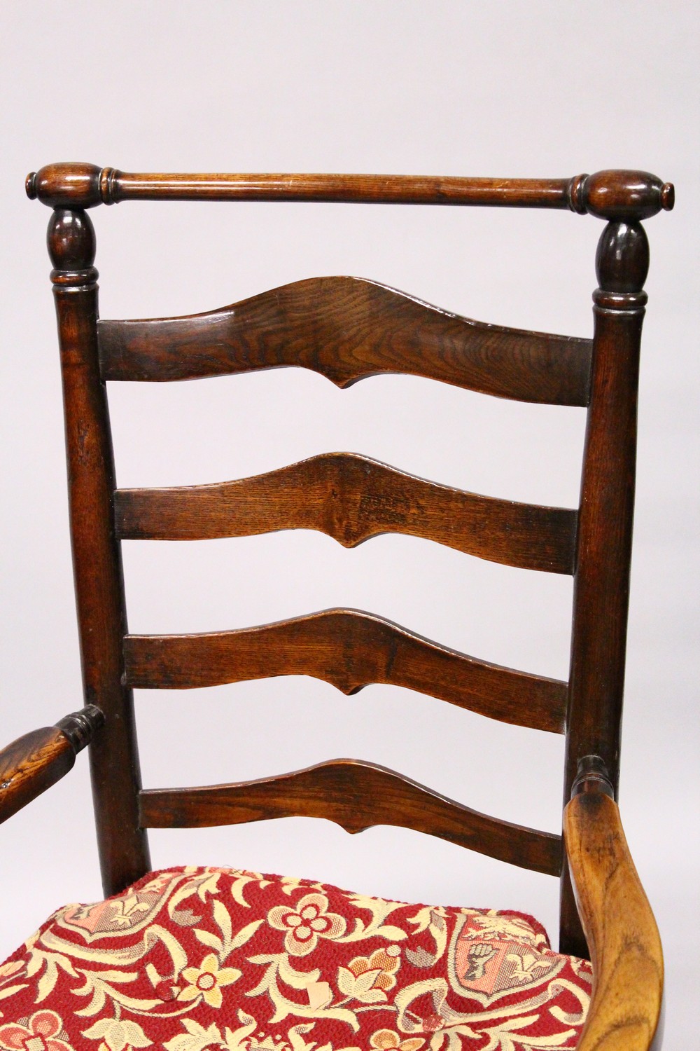 A GOOD 18TH CENTURY OAK LADDER BACK ARMCHAIR, with rushwork seat. - Image 4 of 6