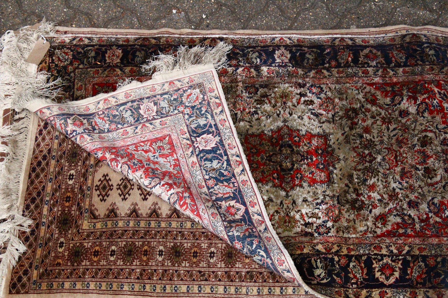 A 20TH CENTURY PERSIAN PART SILK RUG, beige ground with allover floral decoration, within a - Image 2 of 2