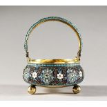 A GOOD RUSSIAN SILVER GILT AND POLYCHROME CLOISONNE ENAMEL CIRCULAR BASKET, with swing handle, on