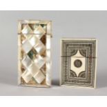 A MOTHER-OF-PEARL INLAID CIGAR CASE, and an Eastern inlaid ivory calling card case. 5.5ins and