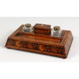 A GOOD TUNBRIDGE WARE MARQUETRY AND PARQUETRY TWO BOTTLE INKSTAND, with a small base with lids,