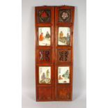 A PAIR OF CHINESE NARROW WOODEN PANELS, each mounted with a pair of porcelain panels. 36.5ins x 7.