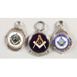 THREE SILVER AND ENAMEL MASONIC FOBS.