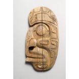 A CARVED WOOD NATIVE AMERICAN MASK, signed Larry Joseph, Golamish(?) B.C. 7.5ins high.