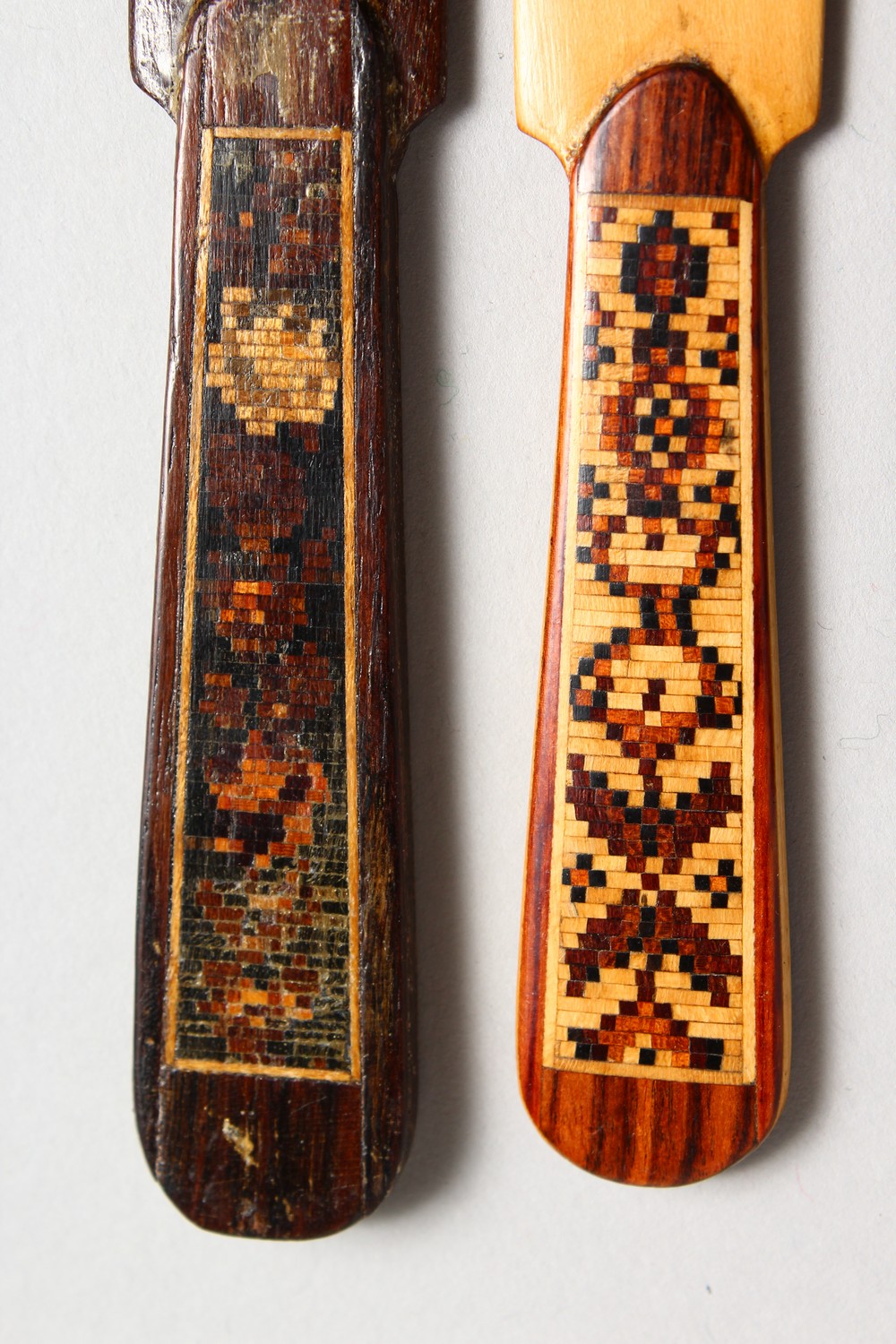 THREE TUNBRIDGE WARE PARQUETRY PAPER KNIVES. 5ins, 7ins and 7.5ins long. - Image 4 of 4