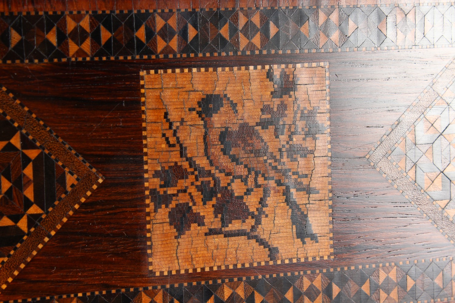 A GOOD TUNBRIDGE WARE LONG BOX, the hinged top inlaid with a bird and parquetry, parquetry to the - Image 3 of 12