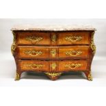 A VERY GOOD 18TH CENTURY LOUIS XV TULIP WOOD AND MARBLE COMMODE, of bombe form, with variegated