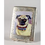 A VICTORIAN ENGRAVED SILVER CIGARETTE CASE, with an enamel of a pug dog. Birmingham 1886.
