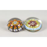 TWO GOOD MILLEFIORI GLASS PAPERWEIGHTS. 3.25ins and 3.5ins diameter.