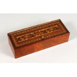 A LONG TUNBRIDGE WARE MARQUETRY AND PARQUETRY BOX, the lift-off lid inlaid with roses. 10ins long.