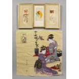 THREE JAPANESE SILK PICTURES and A SCARF.