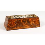 A TUNBRIDGE WARE MARQUETRY INLAID DESK TRAY, with three compartments. 8.5ins long.
