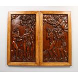 A PAIR OF 17TH CENTURY RELIEF CARVED OAK PANELS, each depicting Adam and Eve, later framed. 17.